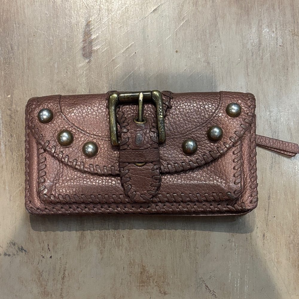Isabella Fiore Vintage Brown Leather Stitched Wallet with Buckle
